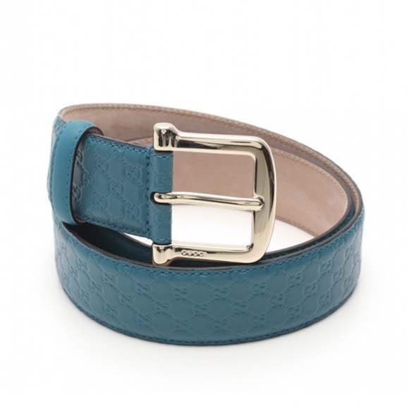 Gucci Microguccisima GG Teal Leather Belt with Gold Buckle